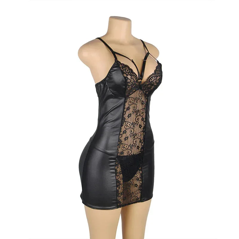 european-and-american-plus-size-lingerie-lace-leather-transparent-tempting-slip-nightdress - Viexta