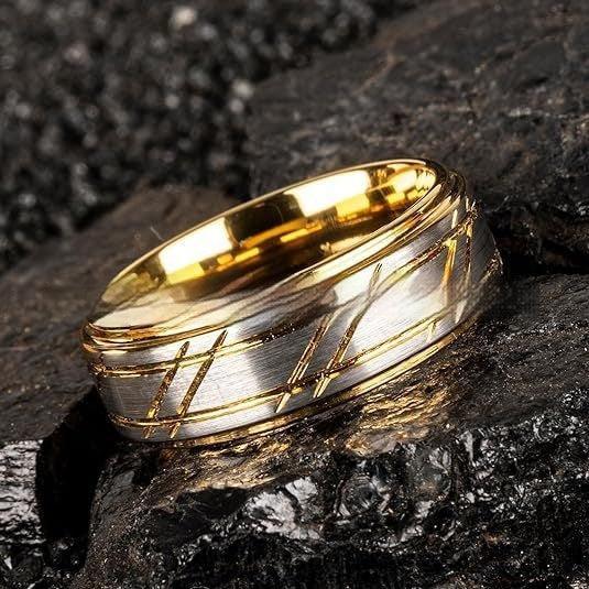 Men's Yellow Gold Twill Tungsten Ring - Viexta