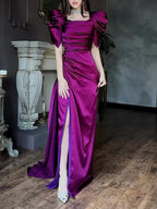 Elegant Puff Sleeve Pleated Slit Maxi Dress - Viexta