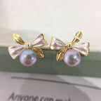 Exquisite Two-tone Bow Pearl Stud Earrings - Viexta