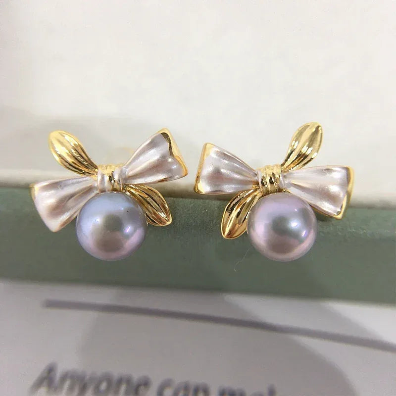 Exquisite Two-tone Bow Pearl Stud Earrings - Viexta