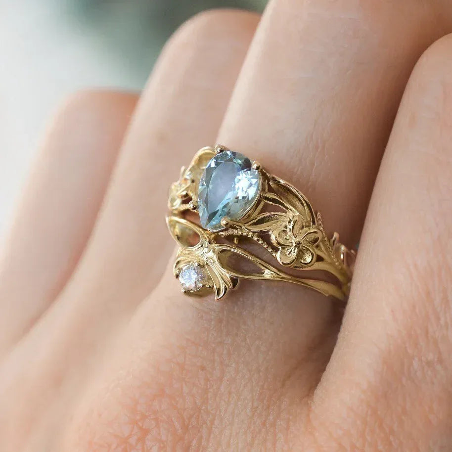Gold Crown Sea Blue Diamond Ladies Couple Rings - Viexta