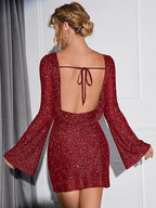Long Sleeve Short Dress Women Sparkling Sequin Backless Lace Up Bodycon Dress For Party Wedding Club - Viexta