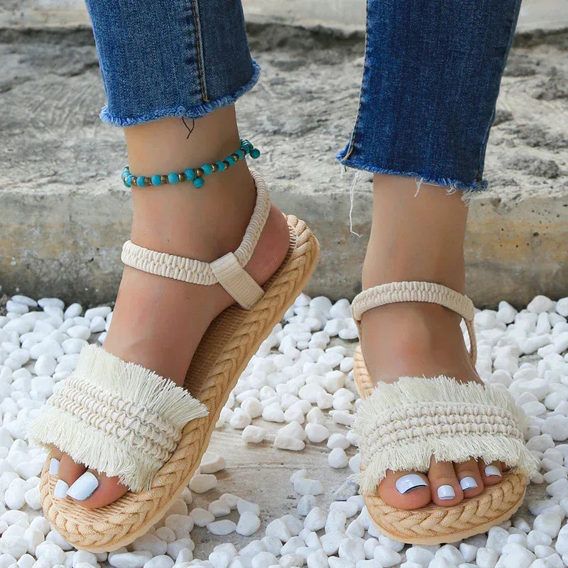 Hemp Rope Grass Woven Bow Slippers - Viexta
