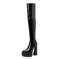 Bright Faced Thick Heeled Patent Leather Knee Boots - Viexta