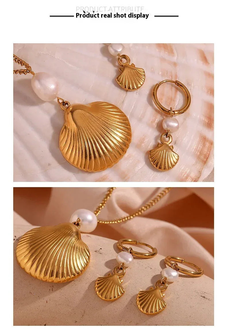 Pearl Shell Earrings And Necklace Set - Viexta