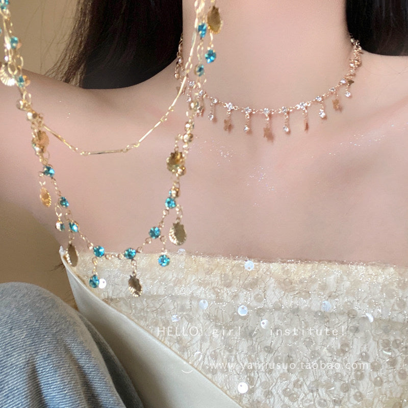 Bohemian Double Layer Necklace With Blue Rhinestone