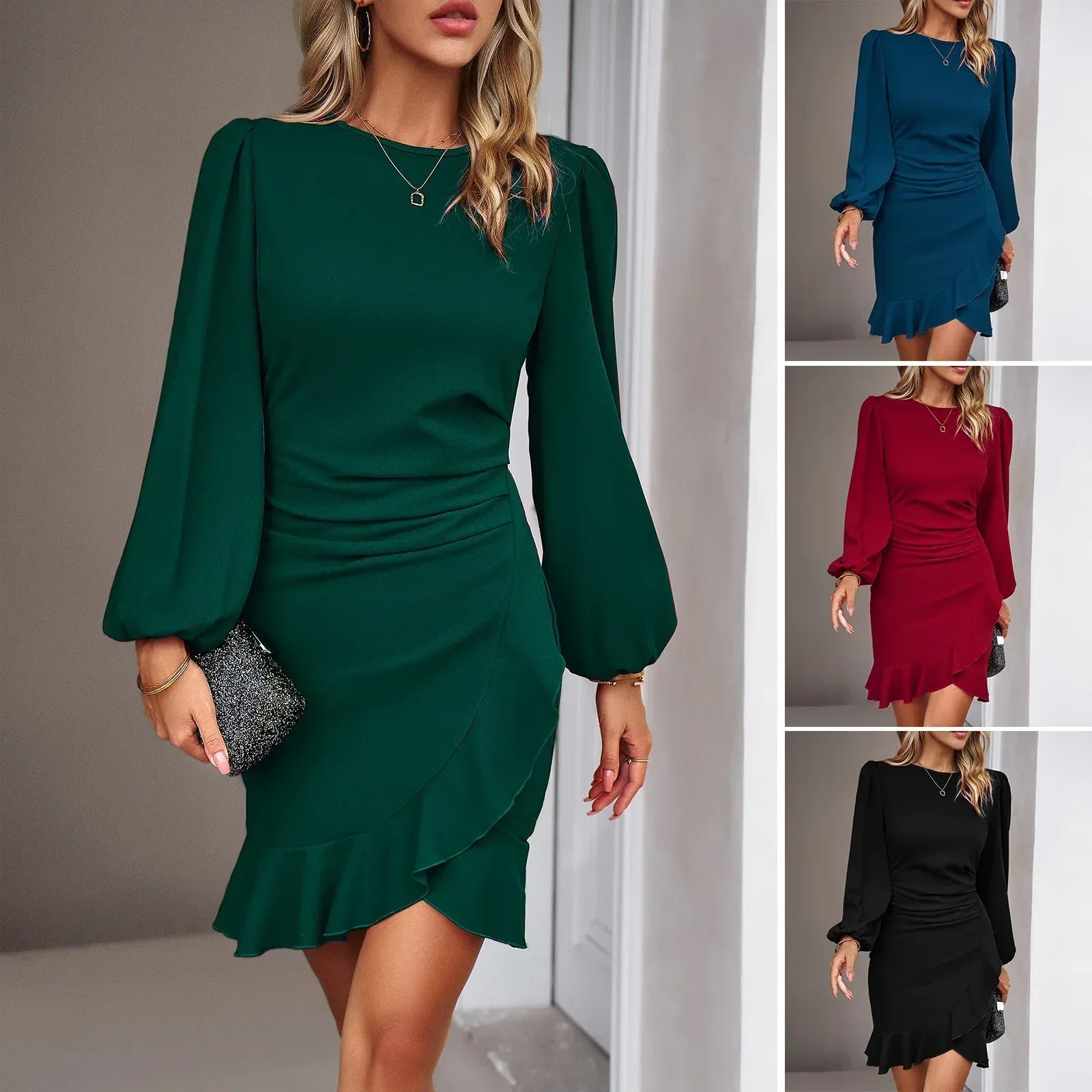 Women's Puff Long Sleeve Fashion Graceful Solid Color Slim Hip-covering Short Dress Womens Clothing - Viexta