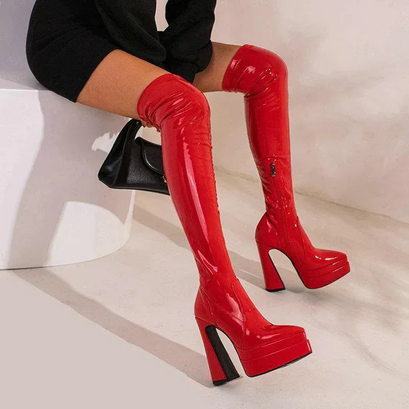 Bright Faced Thick Heeled Patent Leather Knee Boots - Viexta