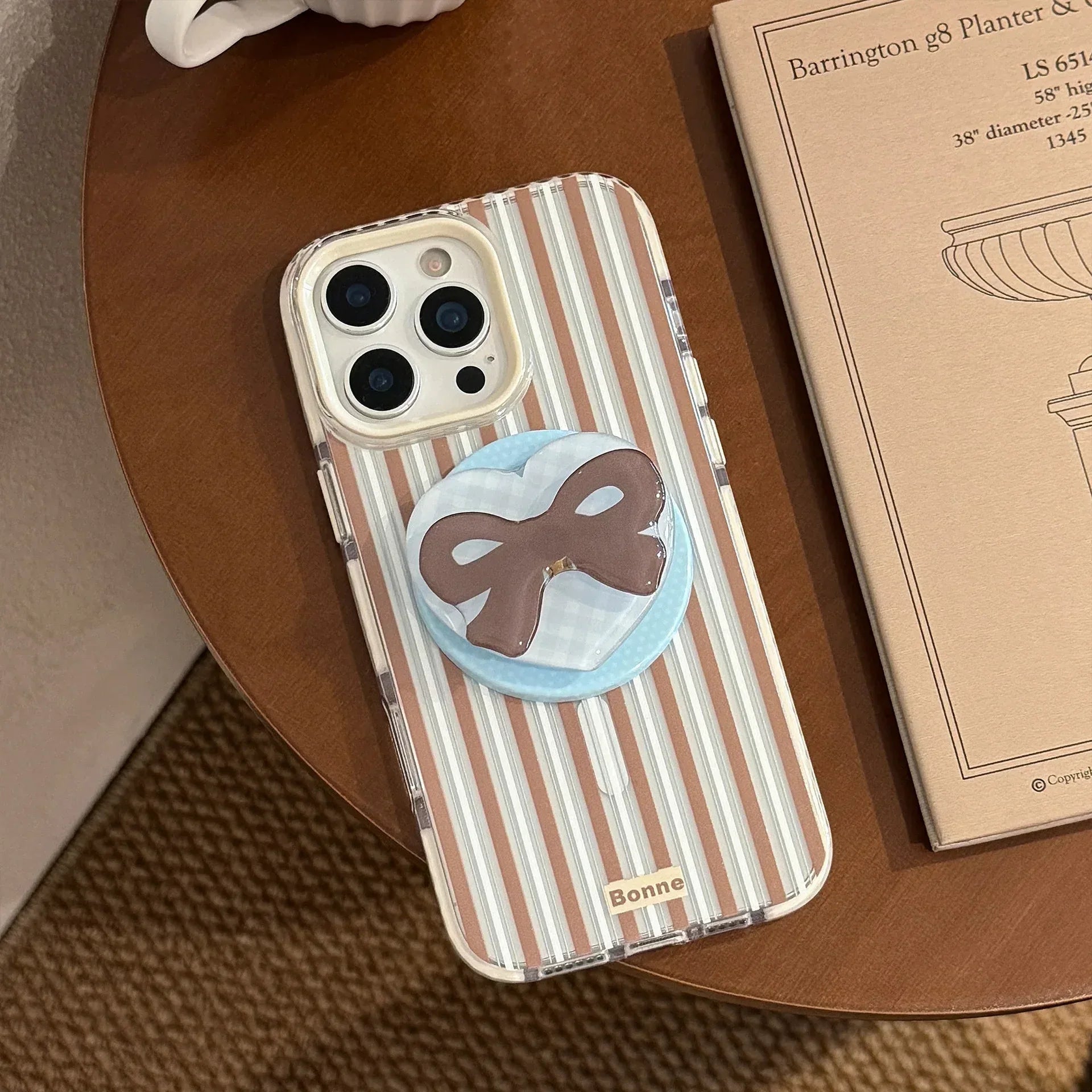 Striped Magnetic Transparent iPhone Case With Rotating Bowknot Stand - Viexta