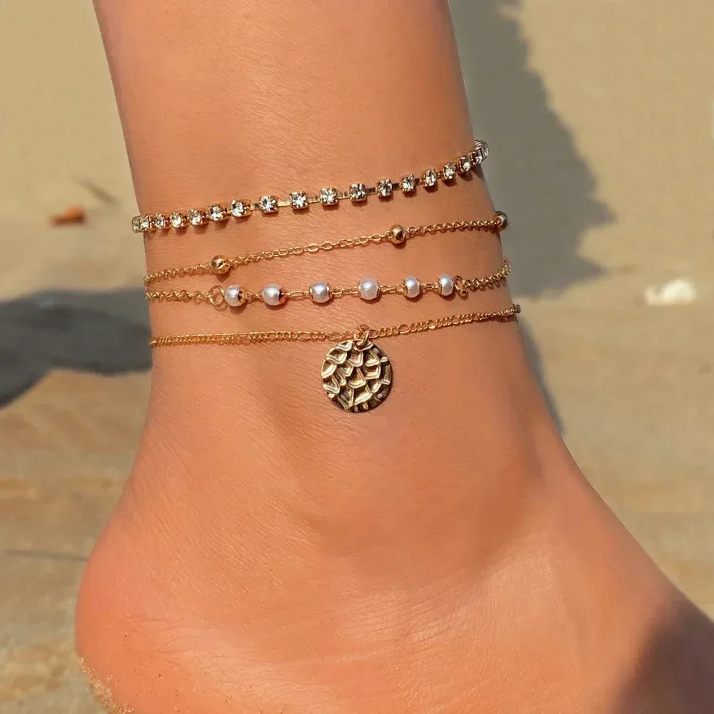retro-love-butterfly-pearl-multi-layer-anklet-set - Viexta
