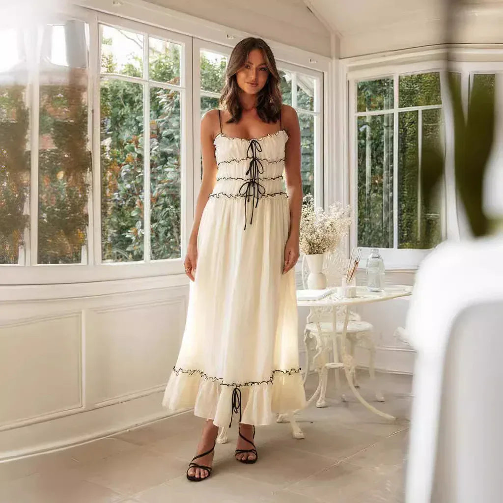 Spaghetti Strap Long Dresses With Bow Pleat - Viexta