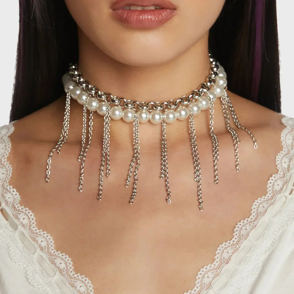 pearl-tassel-double-layer-retro-necklace - Viexta