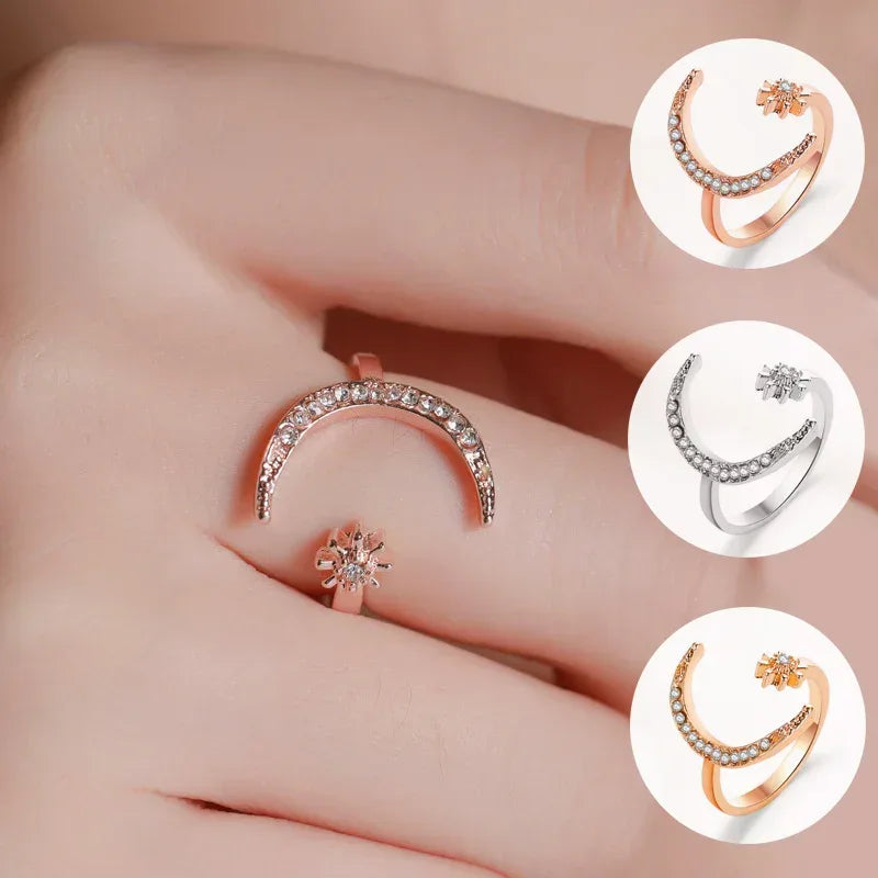 Moon And Star Rhinestone Rings - Viexta