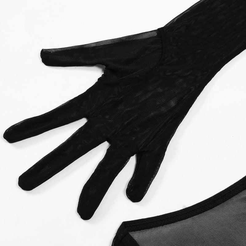 sheer-mesh-sleeve-gloves-lingerie-four-piece-set - Viexta