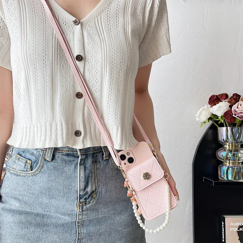 Crossbody Rope Diamond Metal Flower iPhone Case - Viexta