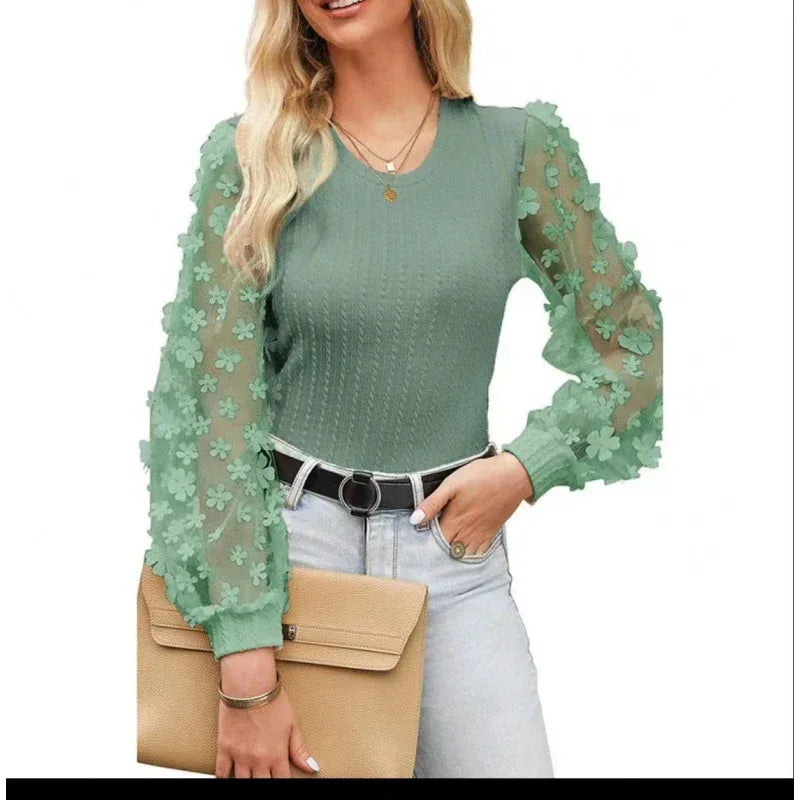 Women's Mesh Small Flower Chiffon Top - Viexta