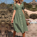 Summer Women's Short Sleeve Solid Color And V-neck A- Line Commuter Dress - Viexta