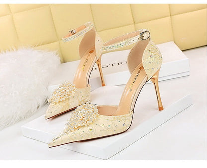 Low-cut Hollow Rhinestone Pearl  High Heels