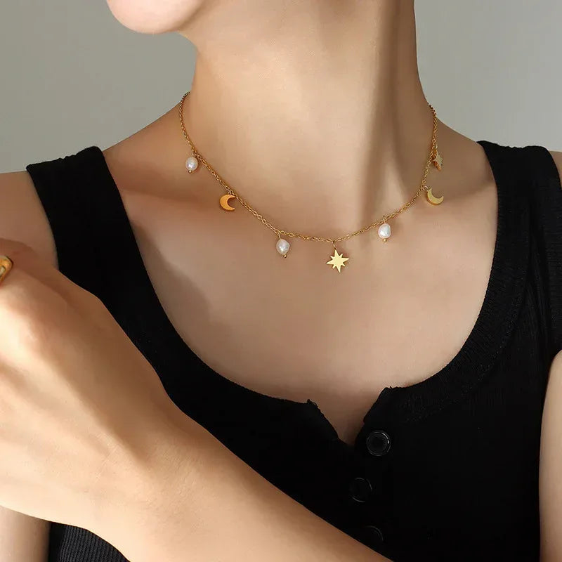 Star Moon Pearl Tassel Necklace - Viexta