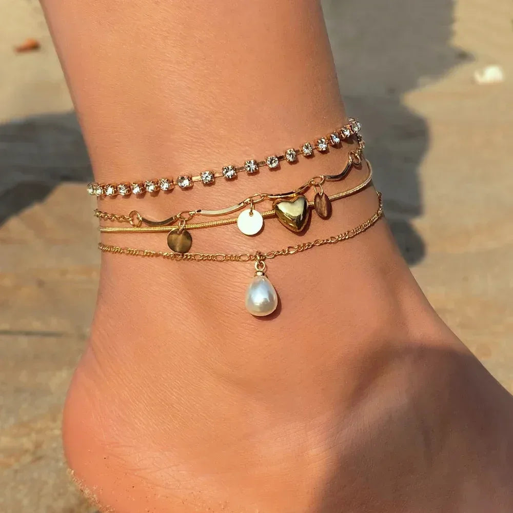 retro-love-butterfly-pearl-multi-layer-anklet-set - Viexta
