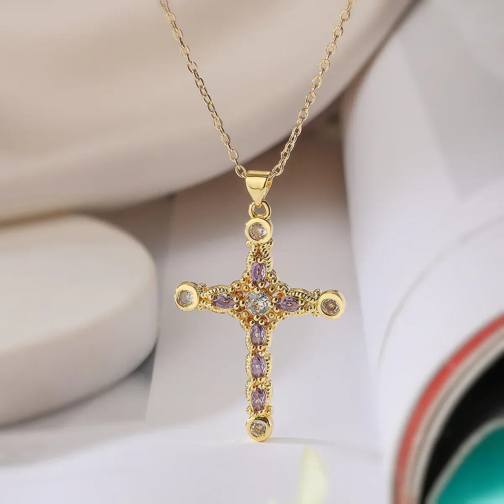 affordable-luxuryplated-real-gold-zircon-cross-pendant-necklace - Viexta