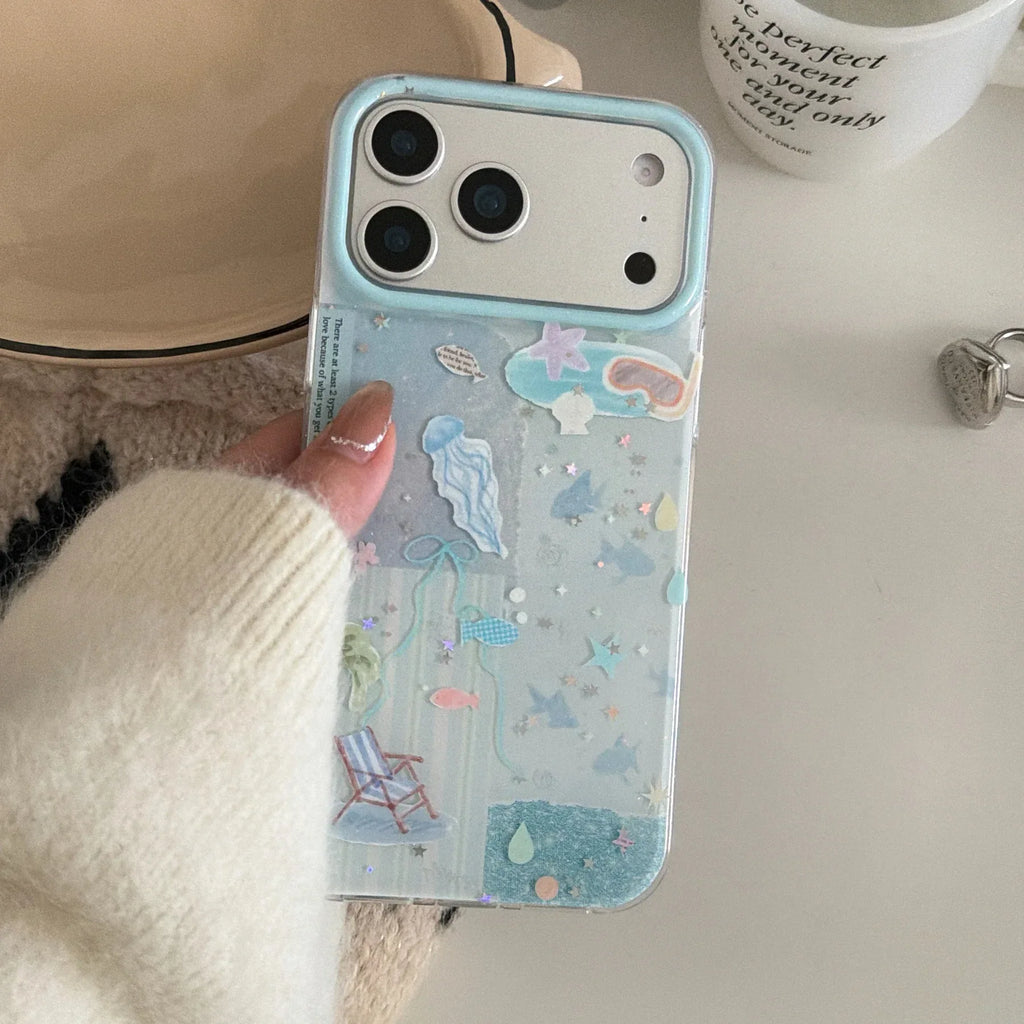 Double-layer Glitter Blue Ocean Jellyfish iPhone Case - Viexta