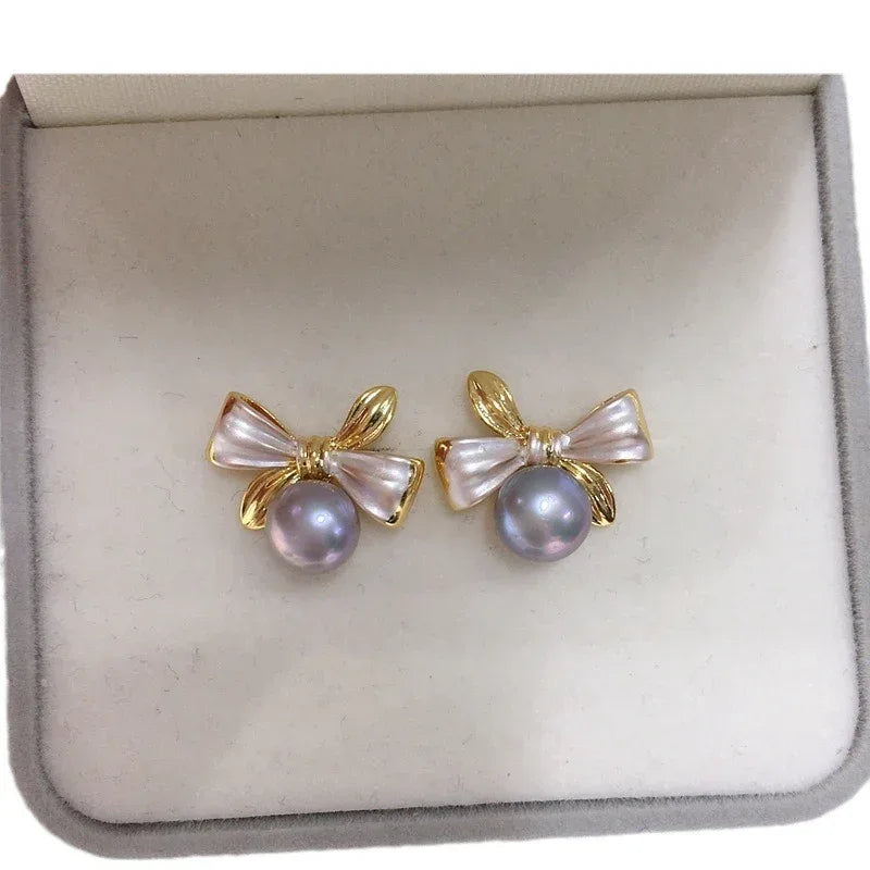 Exquisite Two-tone Bow Pearl Stud Earrings - Viexta