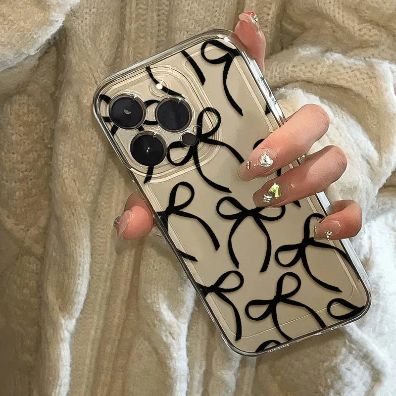 black-ribbon-bow-light-luxury-transparent-soft-iphone-case - Viexta