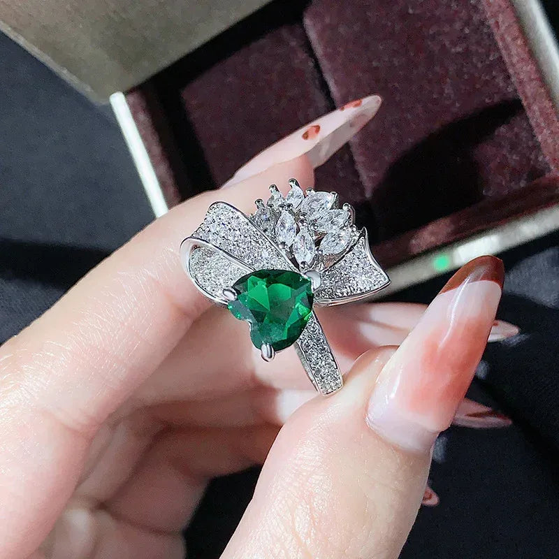 Love Emerald Bow Open Ring - Viexta