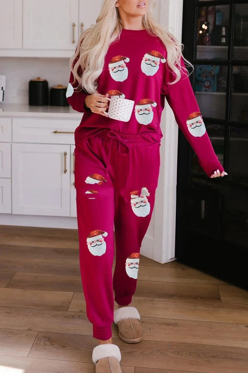 Women's Christmas Sequins Long Sleeve Pants Two-piece Set - Viexta
