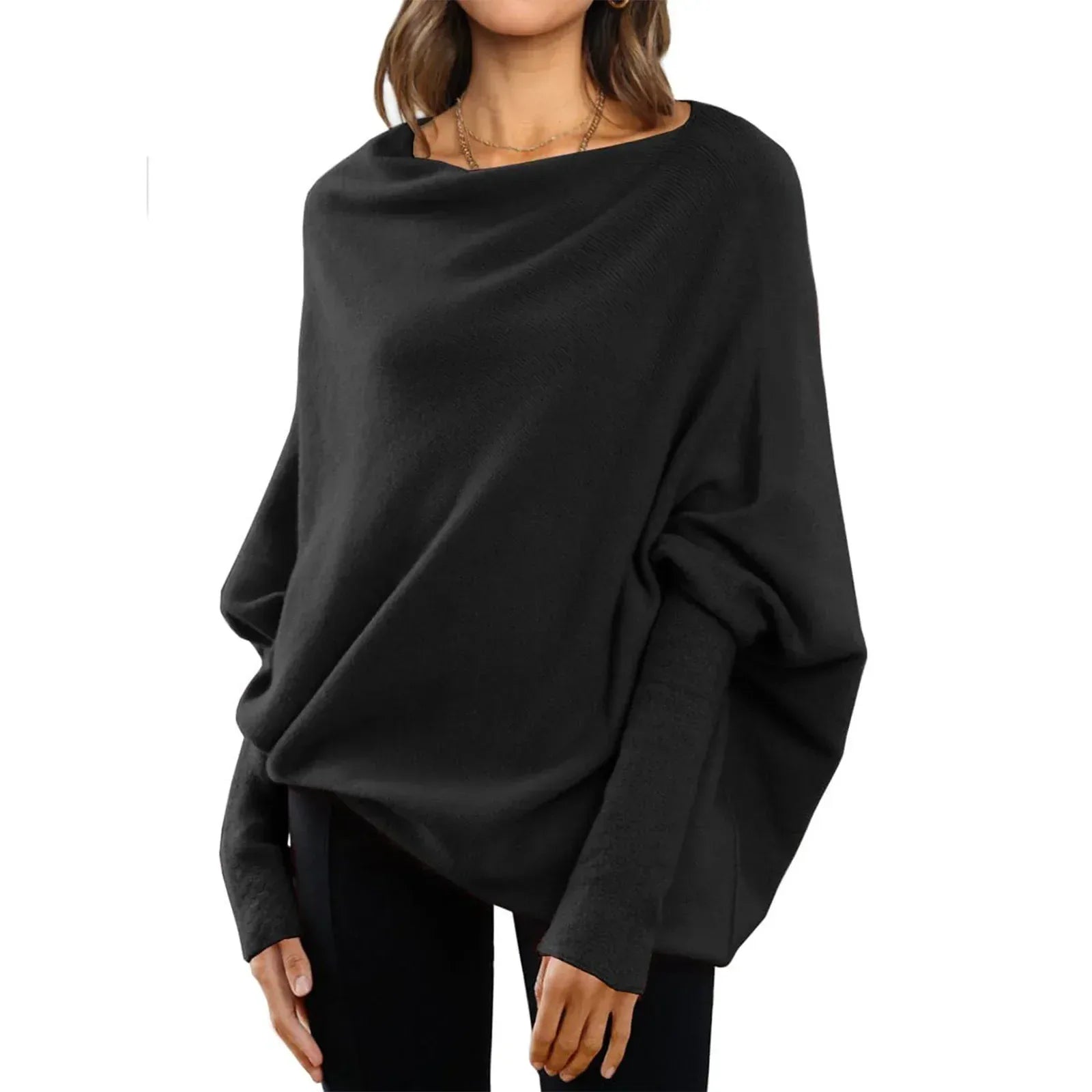 Loose Bat Sleeve Sweater Tops Simple Casual Fashion Versatile Solid Color Round Neck Sweater For Women - Viexta