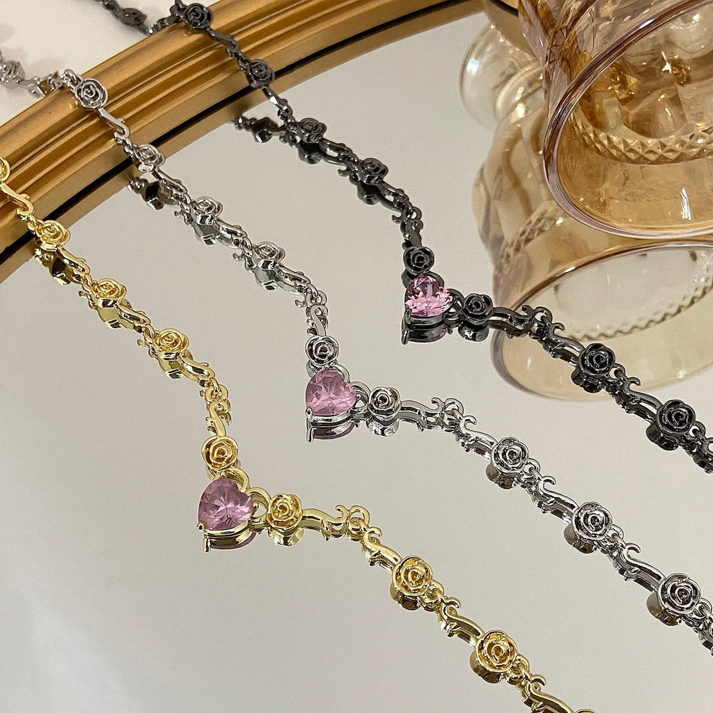 Rhinestone Love Rose Chain Necklace - Viexta
