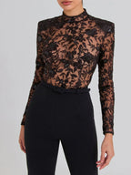 Black See-through Lace Long-sleeved Trousers Jumpsuit - Viexta