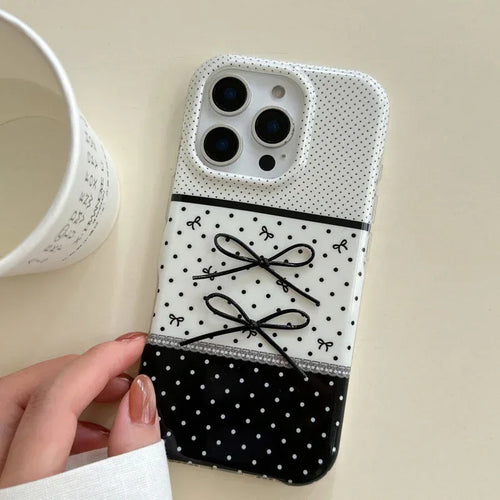 Black And White Polka Dot Stitching Stereo Bow iPhone Case - Viexta