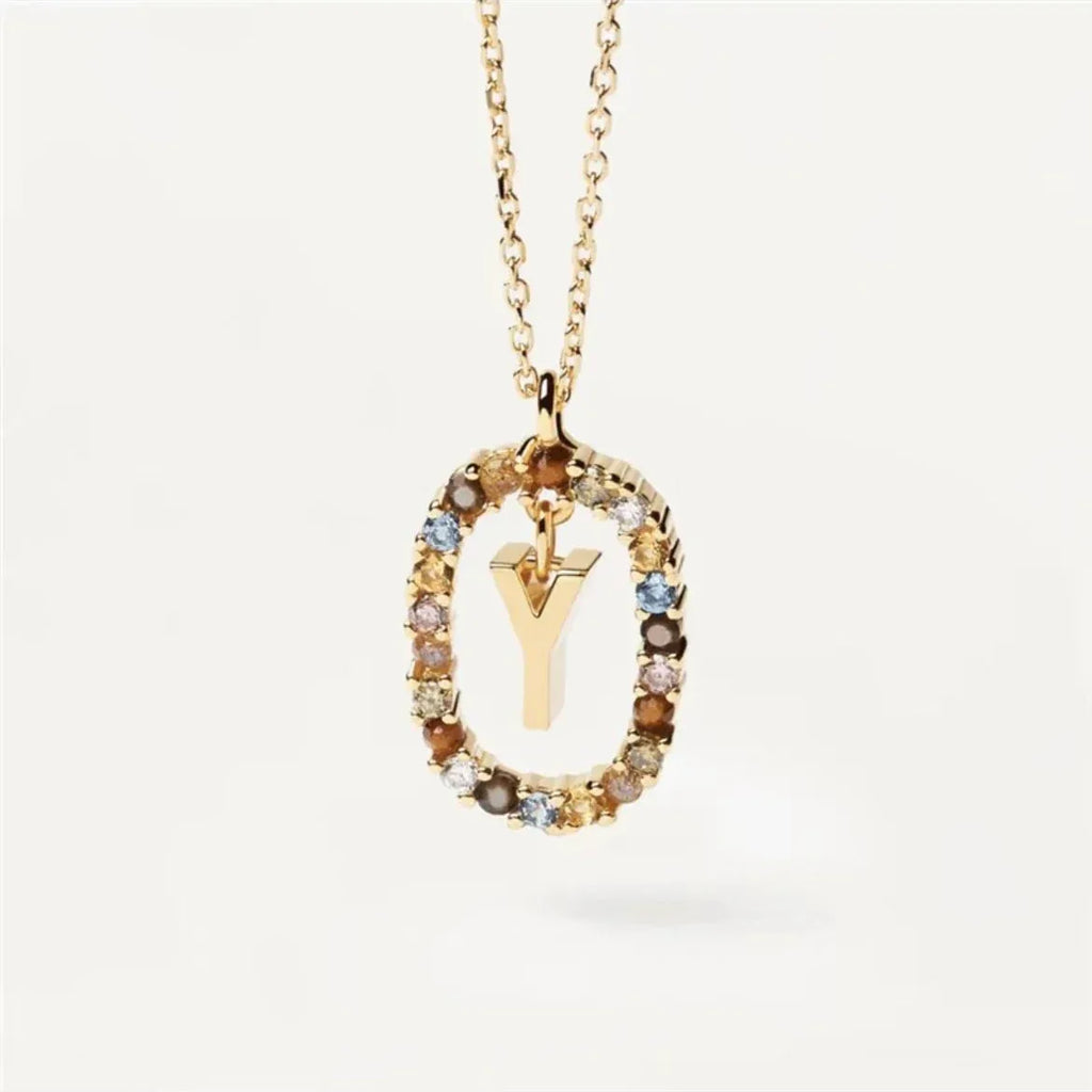 Colored Rhinestone Alphabet Necklace - Viexta