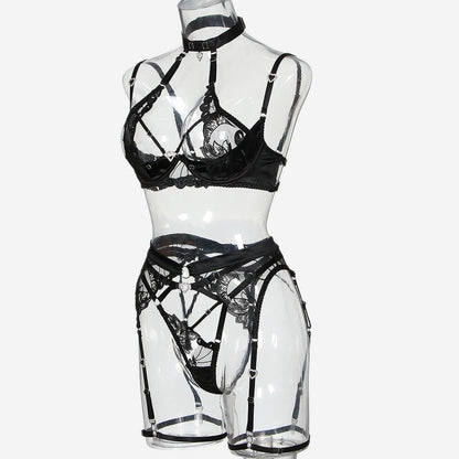 Love Drill Buckle Cutout Embroidered Lingerie Suit