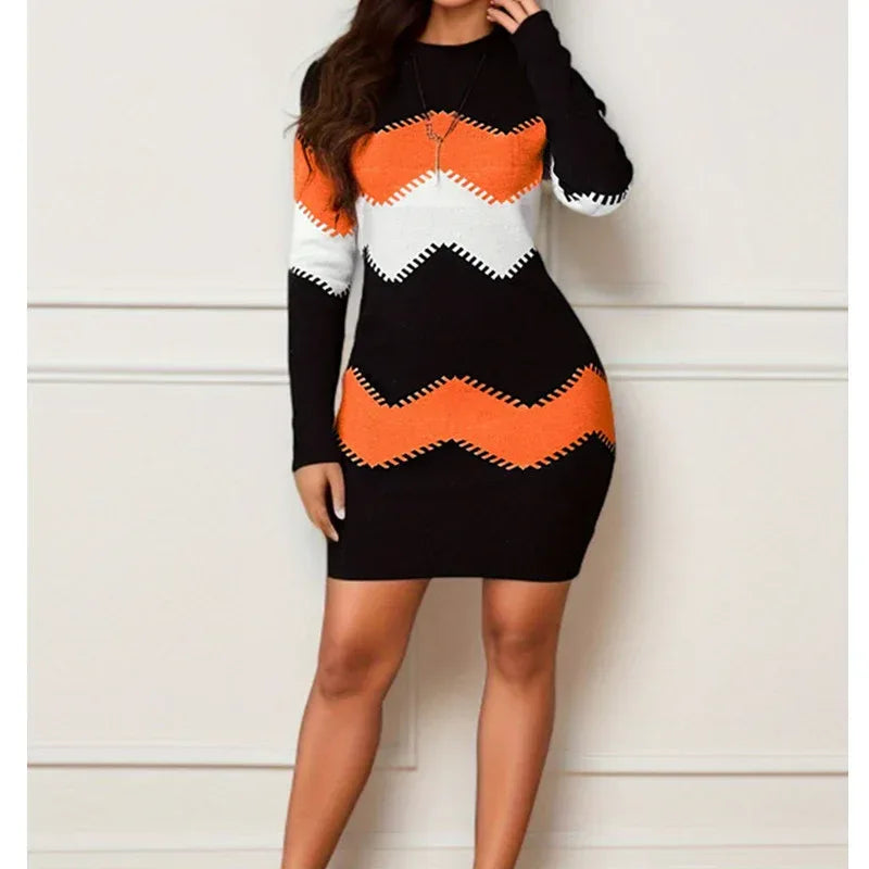 Mid-length Short Skirt Round Neck Long Sleeve Printed Knitted Sheath Dress - Viexta