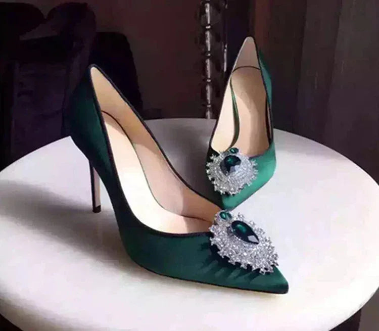 Rhinestone Pointed Satin Heels - Viexta