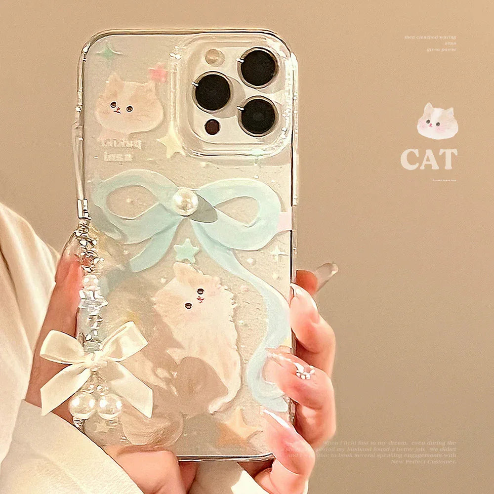 Glitter iPhone Case With Bow And Cat Charm Lanyard