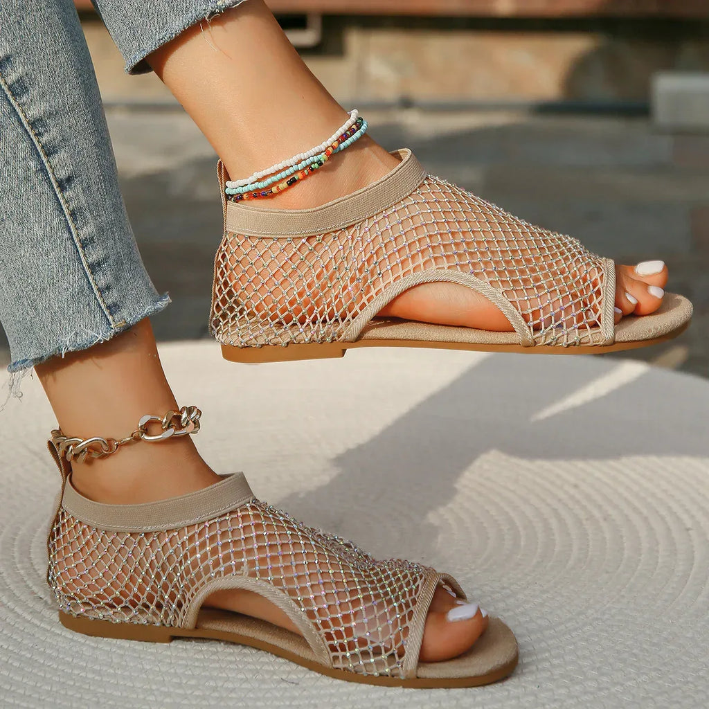 Summer Round Toe Hollow Rhinestone Sandals - Viexta