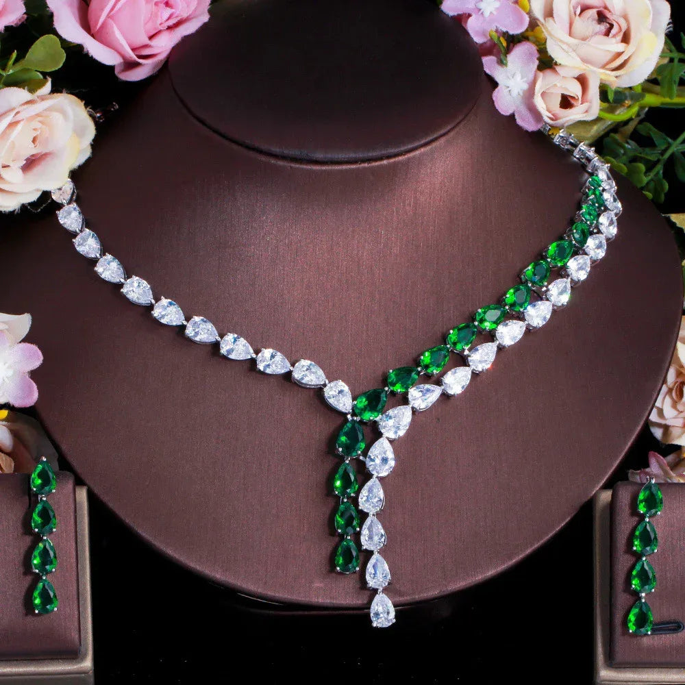 two-tone-patchwork-teardrop-zircon-jewelry-necklace-earring-set - Viexta