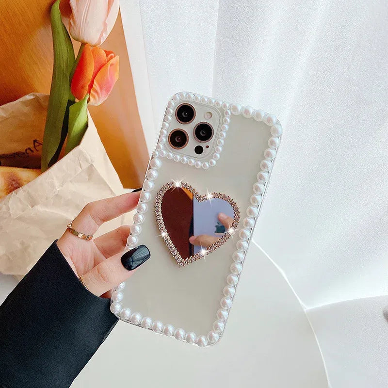Acrylic Pearl Heart Mirror Rhinestone iPhone Case - Viexta