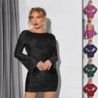 Long Sleeve Short Dress Women Sparkling Sequin Backless Lace Up Bodycon Dress For Party Wedding Club - Viexta