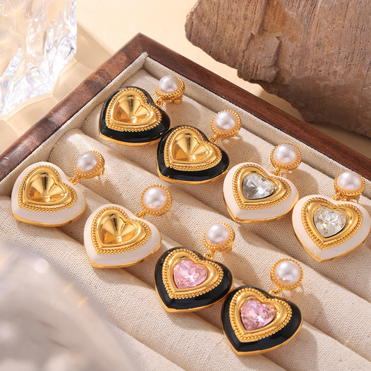 Heart-shaped Glass Stone Ear Studs