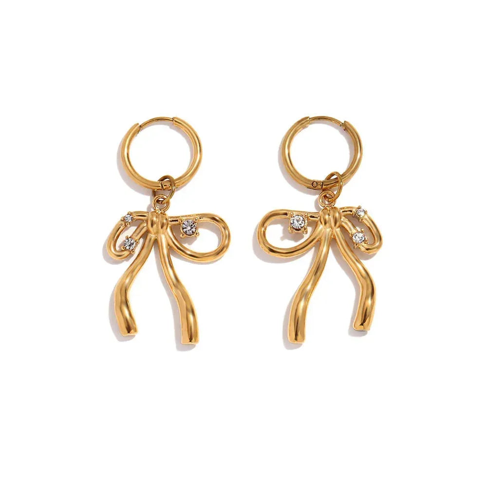 Stainless Steel 18K Gold Plating Rhinestone Bow Pendant Earring Ring - Viexta