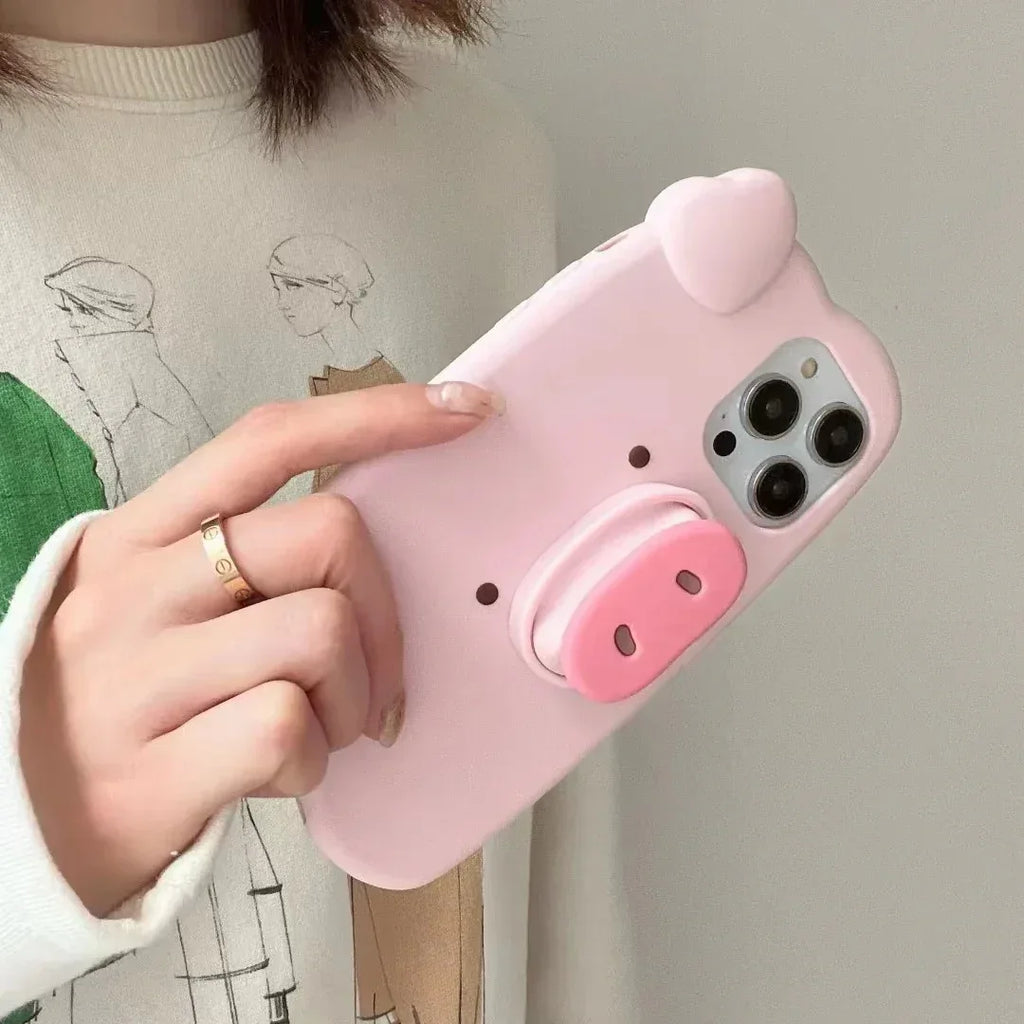 Telescopic Bracket Pig Three-dimensional Silicone iPhone Case - Viexta