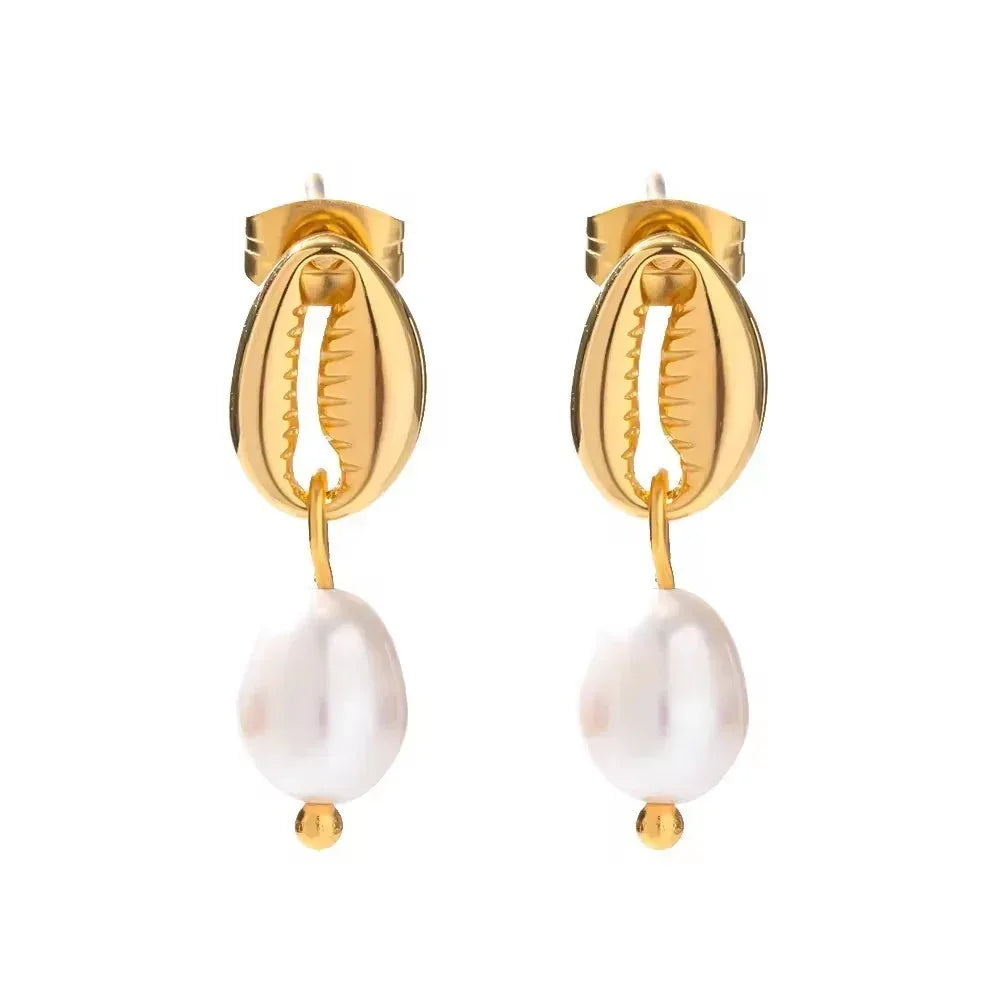 18k Gold Stainless Steel Pearl Ginkgo Pendant Earrings - Viexta