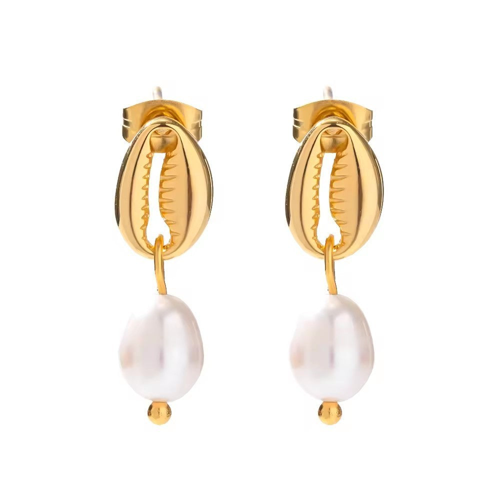 18k Gold Stainless Steel Pearl Ginkgo Pendant Earrings