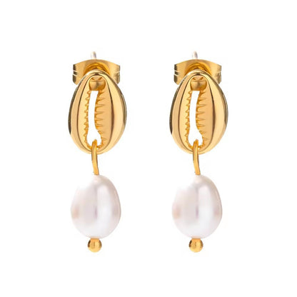 18k Gold Stainless Steel Pearl Ginkgo Pendant Earrings